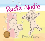 Rudie Nudie book cover featuring two small naked children with bubbles in the background.