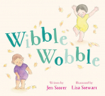 Wibble Wobble book cover featuring two young children playing in autumn leaves. 