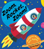 Zoom, Rocket, Zoom! book cover featuring a rocket with stars and planets in the background. 