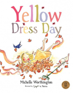 Yellow dress book cover featuring a girl in a yellow dress falling into a pile of leaves