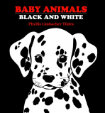 Baby Animals Black and White book cover.  Black background with black and white dog's face and red and white text.