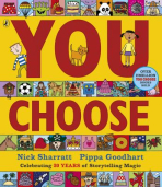 A yellow cover with the title “You Choose” in big red font. Rows of small images—like a horse, a ball, a hot‑air balloon and a Viking—fill the background. A boy peeks out from behind the Y, a cat sits inside the O of “You,” and a girl stands in the U.