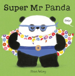    A green book cover featuring Mr Panda wearing a superhero cape, underpants, and a mask, with a speech bubble coming from off the side of the page saying “Help.”