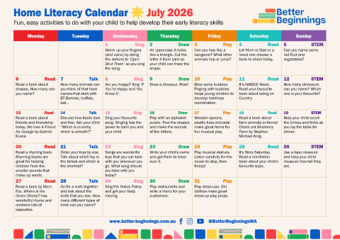 July 2026 Monthly Home Literacy Calendar