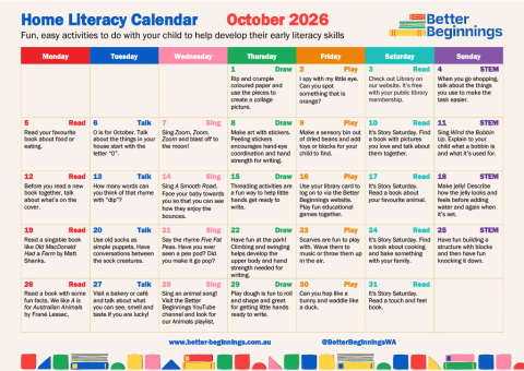 October Home Literacy Calendar